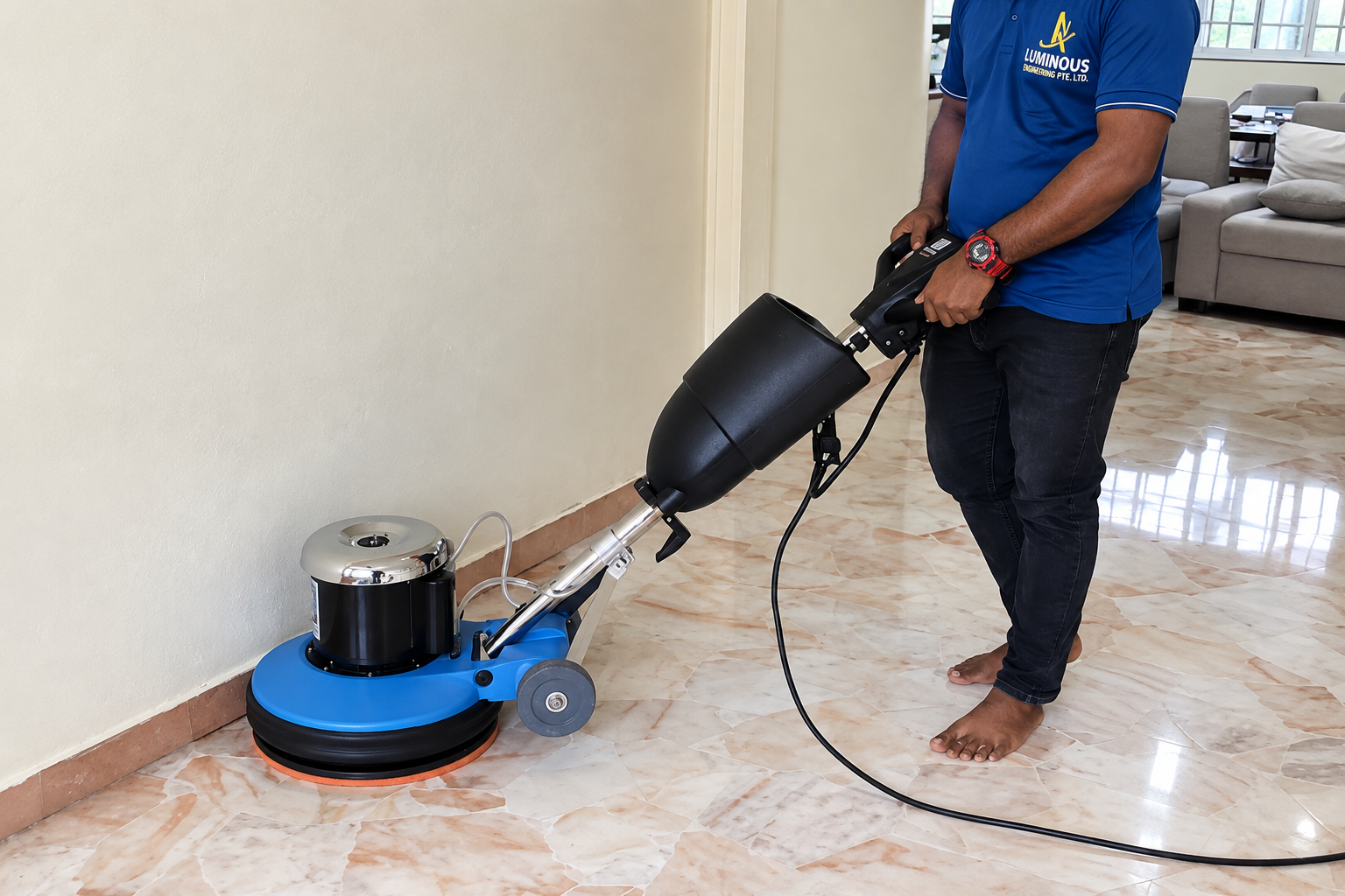Handyman polishing a marble floor in Singapore
